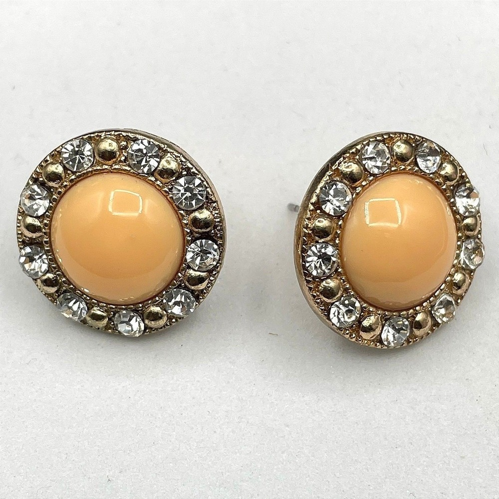 Vintage Gold-Tone Star-Motif Rhinestone-Embellished Cabochon Halo Stud Earrings